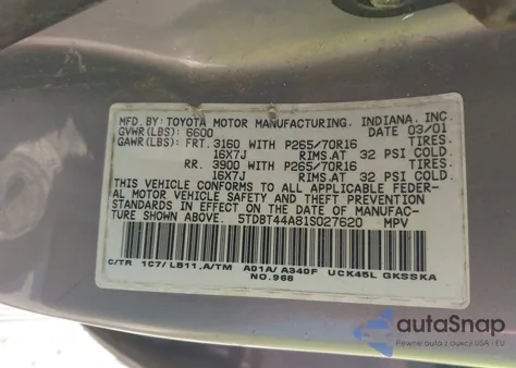 2001 Toyota Sequoia Sr5 V8 из США, поврежденный, VIN 5TDBT44A81S027620